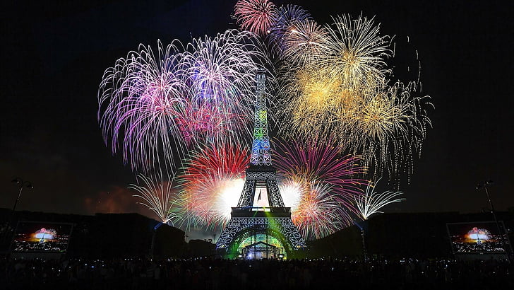 paris, eiffel tower, fireworks, night, night life, city, europe, HD wallpaper