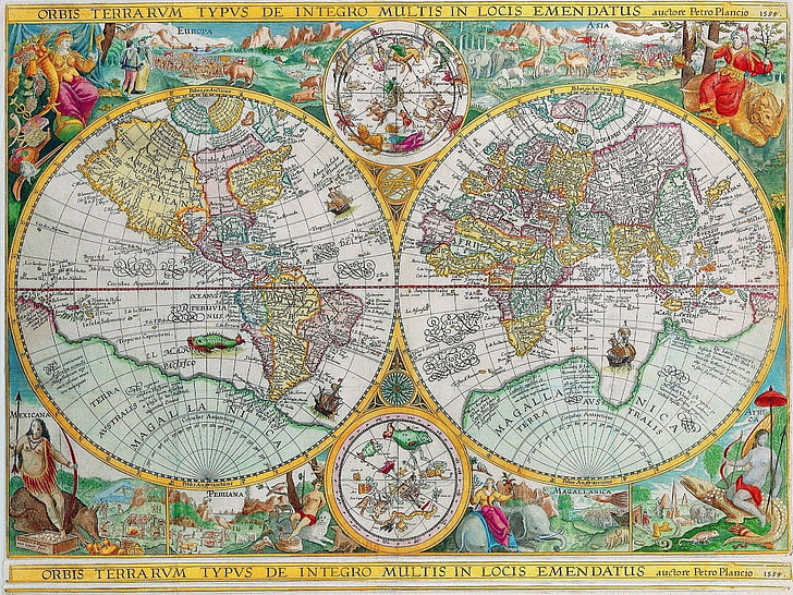 yellow and green Mappe Monde world map, multi colored, religion