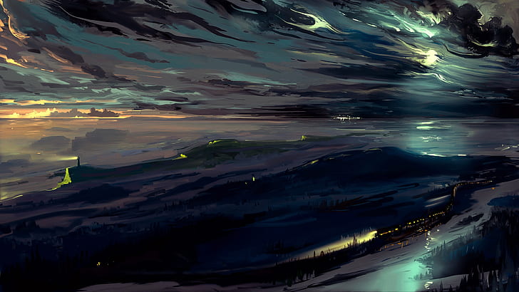 winter night, darkness, painting art, landscape, horizon, wind, HD wallpaper