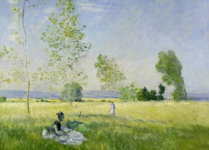 girl, landscape, picture, Claude Monet, Summer. Meadow at Bezons