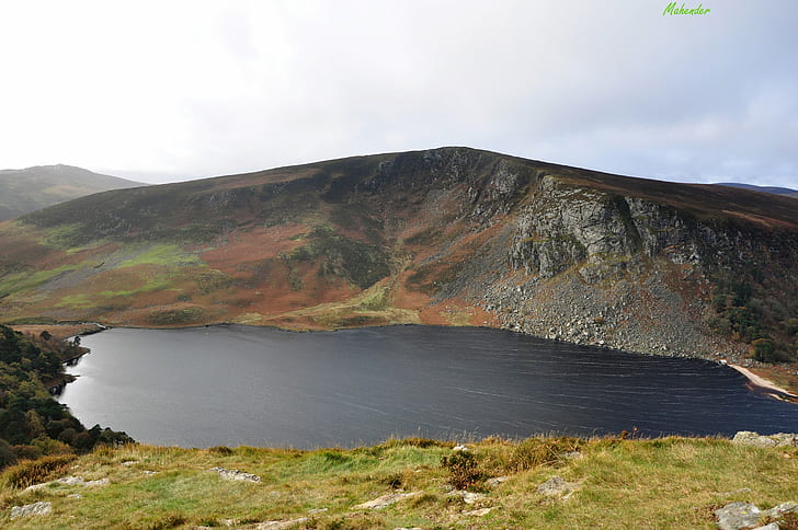 aerial photography of green mountain with lake, wicklow mountains, wicklow mountains