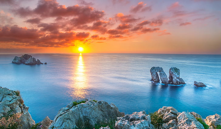body of water near rocks during sunset, Far away, cantabria, spain