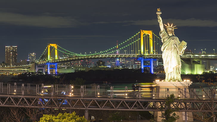 Odaiba Island In Tokyo Japan Rainbow Bridge Replicas Of The Statue Of Liberty Ultra Hd Desktop Wallpapers For Computers Laptop Tablet And Mobile Phones 3840×2160