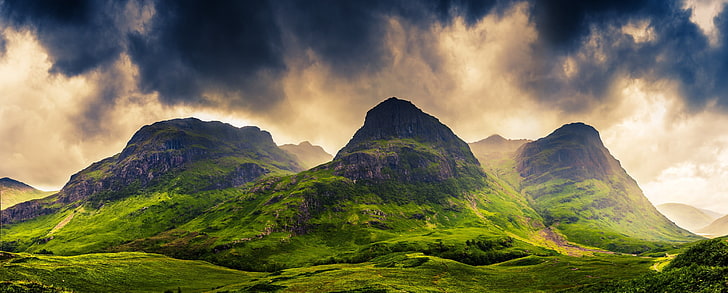 green hill, mountains, clouds, grass, Scotland, spring, nature, HD wallpaper