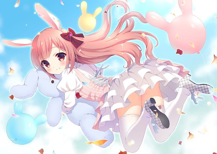 anime girl, bunny ears, loli, dress, jumping, representation, HD wallpaper