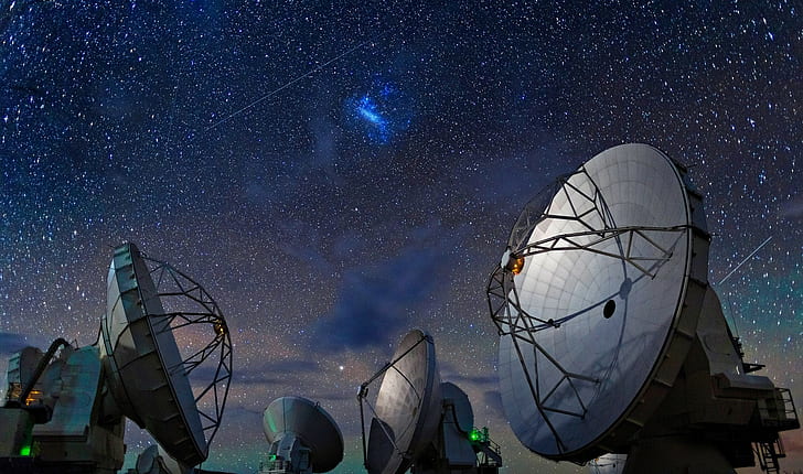 ALMA Observatory, Chile, Space, Starry Night, Atacama Desert, Technology, Galaxy, Landscape, gray satellite station lot