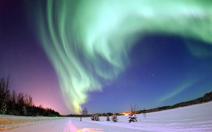 green Northern lights, polar lights, sky, stars, north pole, winter, HD wallpaper