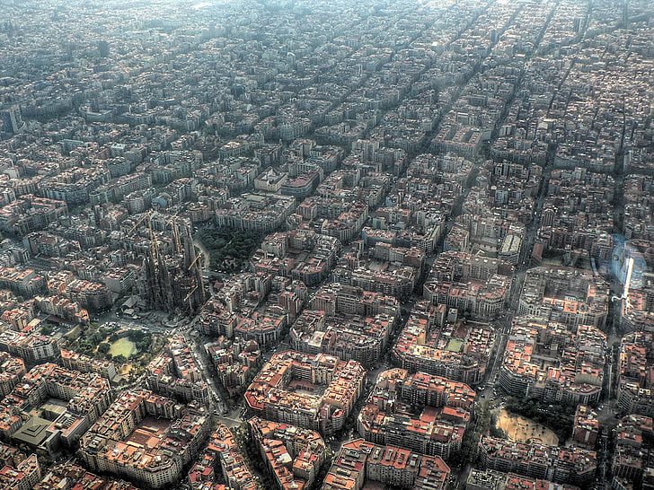 areal view of city, aerial photo of city, Barcelona, church, building
