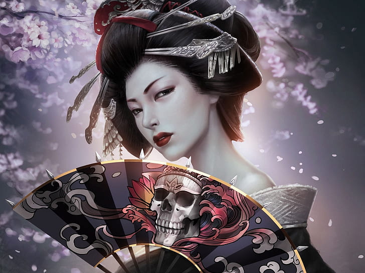 Fantasy japanese girl, geisha, kimono, paper fan, skull
