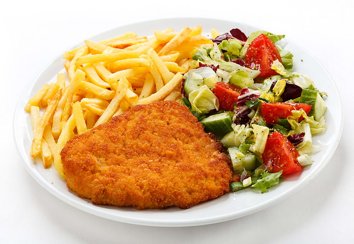 vegetable salad and fried potatoes, burger, fries, plate, food