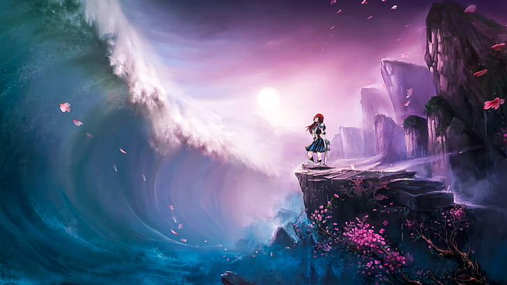 HD wallpaper: waves, fantasy art, anime girls, redhead, artwork, cliff,  Fairy Tail | Wallpaper Flare