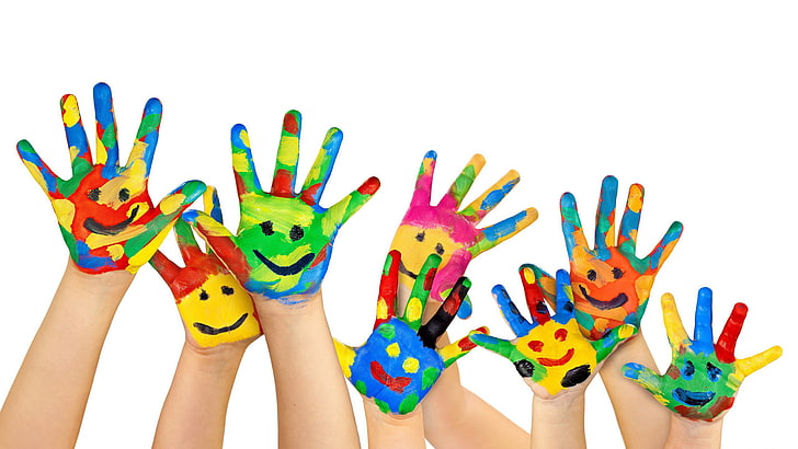 Hands, Colorful, Smilies, human body part, multi colored, human hand, HD wallpaper
