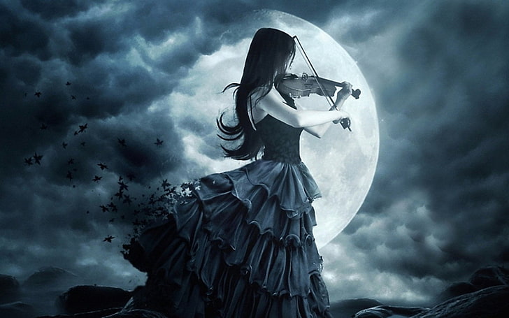 woman playing violin photo, Dark, Gothic, Moon, Music, halloween