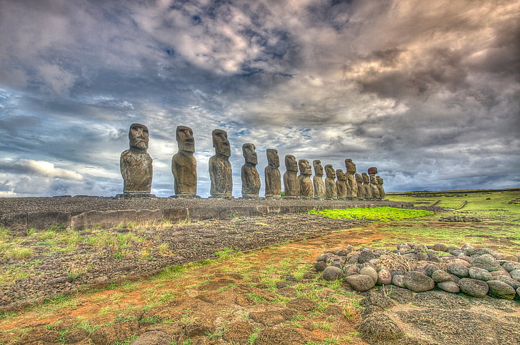 Moai eastern island, the sky, clouds, Easter island, statue, Chile, HD wallpaper