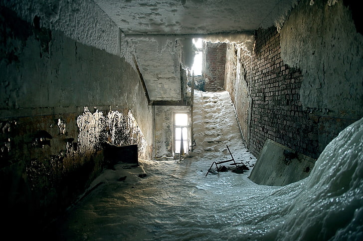 grey stone interior, ice, stairs, indoors, abandoned, architecture