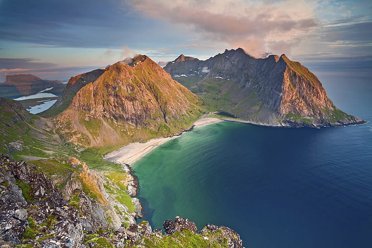 Norway, mountains, sea, green and blue body of water, evening