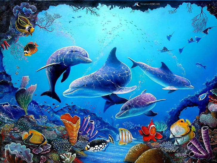 Animal, Dolphin, Fish, Sea, Seawater, Blue, Digital Art, HD wallpaper