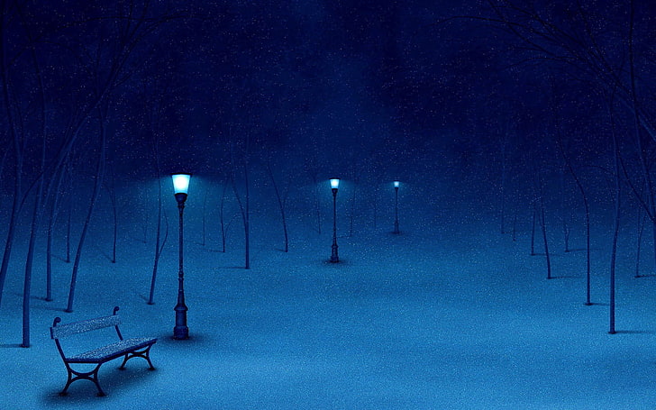 snow, winter, night, artwork, lantern, bench, cold temperature, HD wallpaper