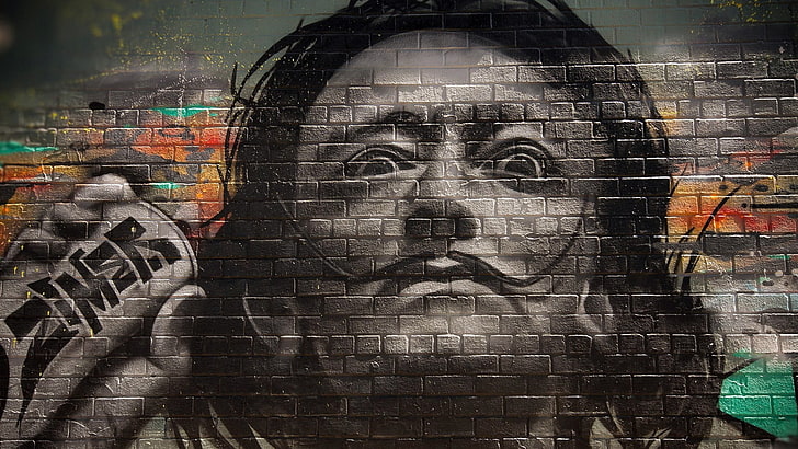 woman's face wall painting, graffiti, bricks, men, Salvador Dalí
