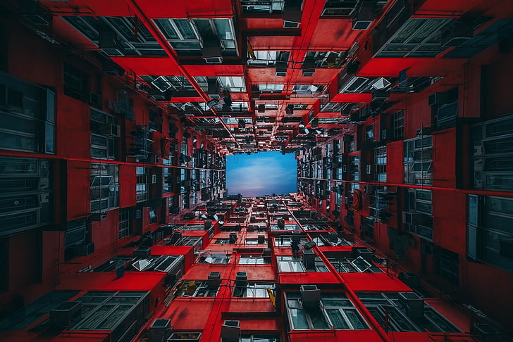 red and black metal frame, Hong Kong, apartments, cityscape, architecture, HD wallpaper