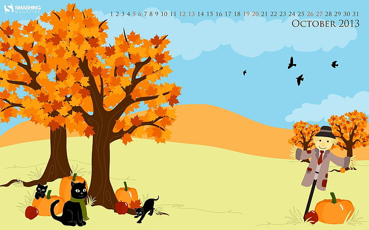 October Fun-October 2013 Calendar Wallpaper, two brown trees illustration