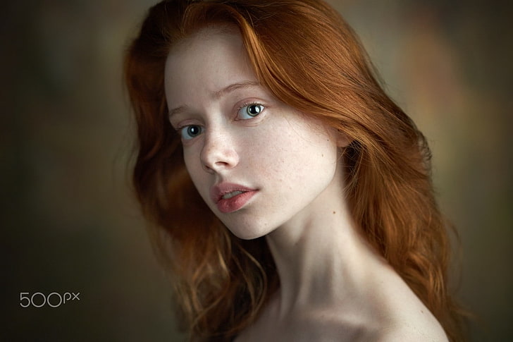 women, redhead, face, portrait, simple background, Ekaterina Yasnogorodskaya