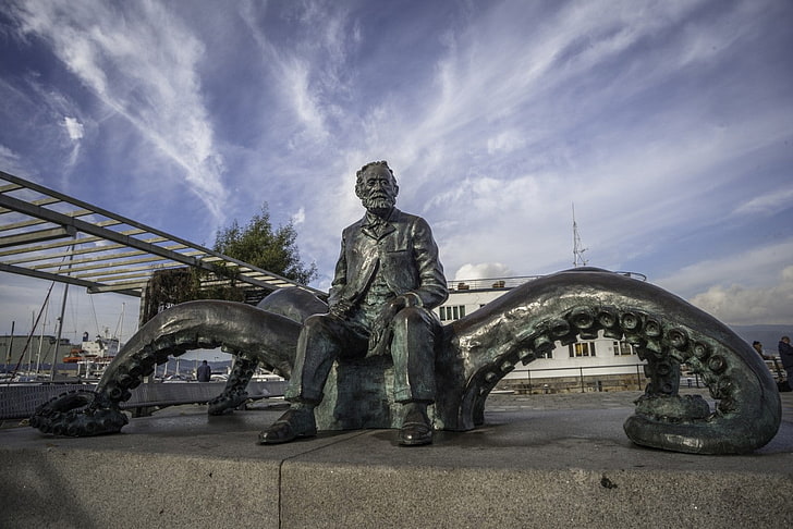 Jules Verne, fantasy art, sculpture, octopus, writers, statue