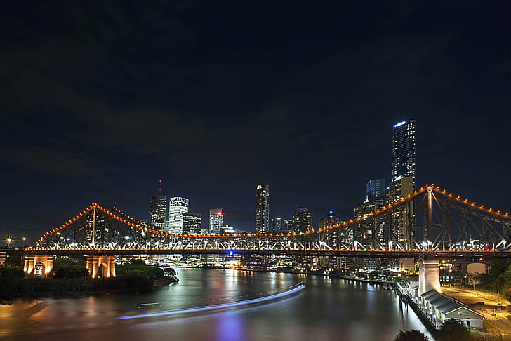 city beside river during nighttime, story bridge, brisbane, story bridge, brisbane, HD wallpaper