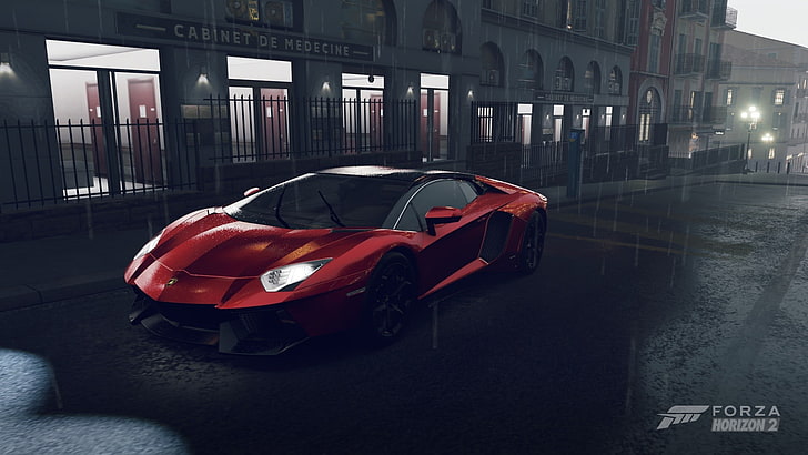 Forza Horizon 2, car, supercars, Lamborghini Aventador, rain, HD wallpaper