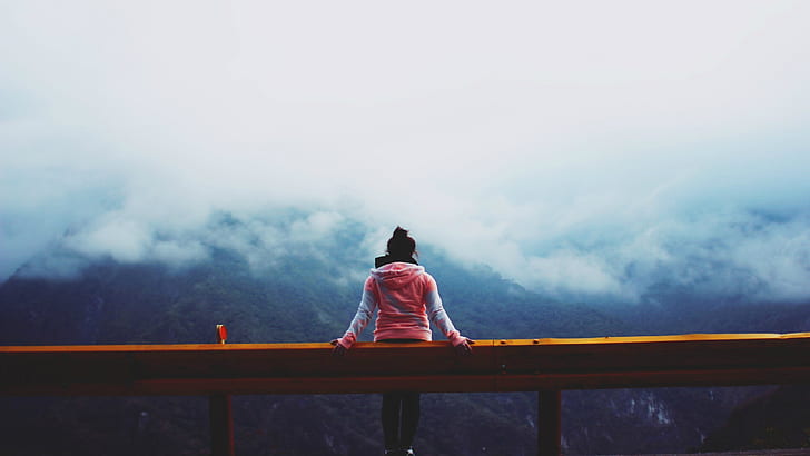 women, women outdoors, mountains, clouds, mist, back, looking into the distance