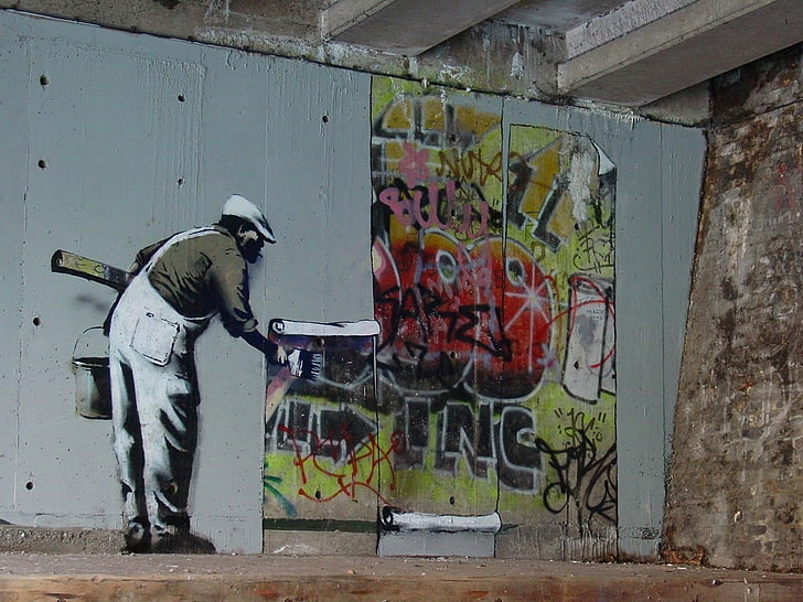 man painting wal, artwork, men, Banksy, graffiti, wall, urban