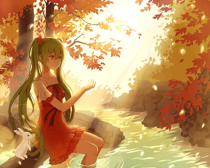 green-haired female anime character sitting beside rabbit, Vocaloid