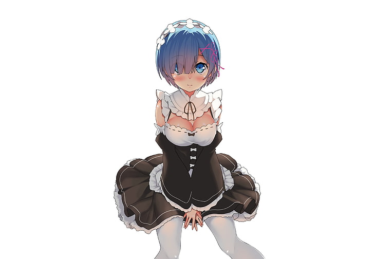 girl anime character illustration, Rem (Re: Zero), white background, HD wallpaper