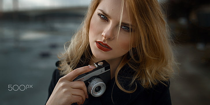 women, blonde, face, portrait, red lipstick, Damian Piórko
