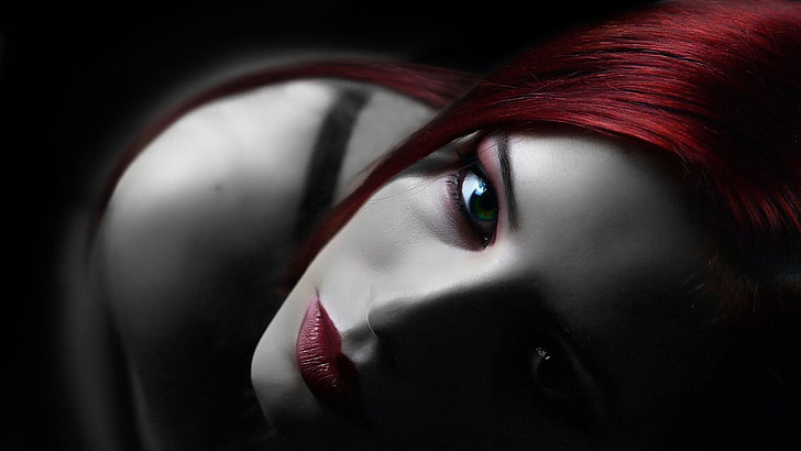 women, redhead, green eyes, selective coloring, face, model, HD wallpaper