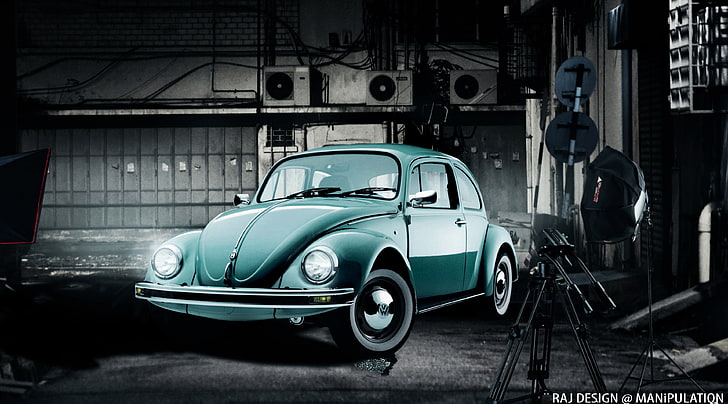 VW, teal Volkswagen Beetle coupe, Cars, mode of transportation