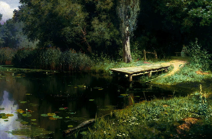body of water and trees, pier, lake, water-lilies, painting, art