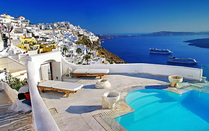 Santorini, Greece, house, cruise ship, river, mykonos island