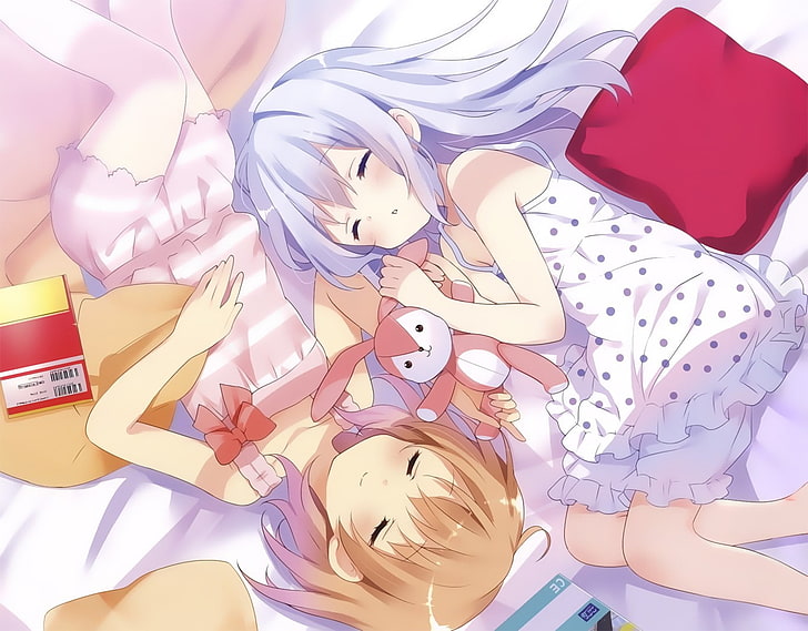 two girl anime characters laying on bed graphic, Gochuumon wa Usagi Desu ka?