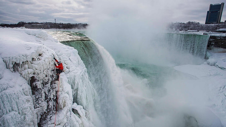 snow coated waterfalls, winter, nature, landscape, Niagara Falls, HD wallpaper
