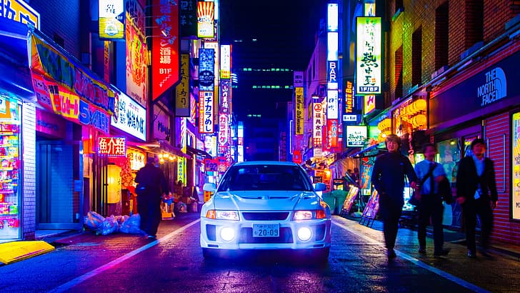 Mitsubishi Lancer Evo V, Japan, city, neon, night, Headlights