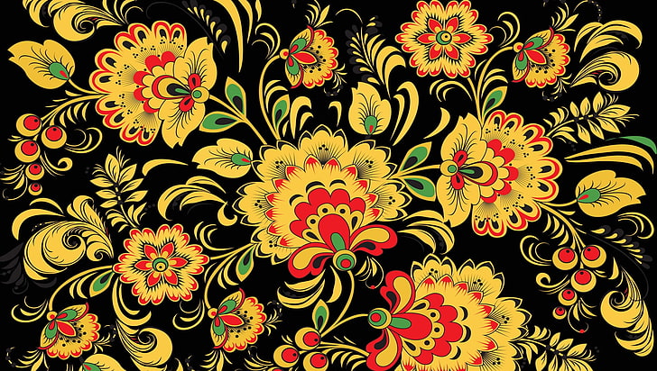red, yellow, and green floral illustration, khokhloma, patterns