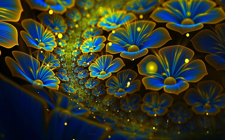 blue and green floral illustration, abstract, fractal, flowers, HD wallpaper
