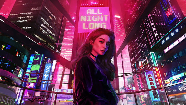 Girl, Lights, Night, The city, Neon, Advertising, Synthpop