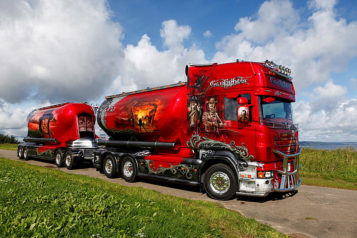red freight truck with tank trailer, airbrushing, tractor, Scania, HD wallpaper