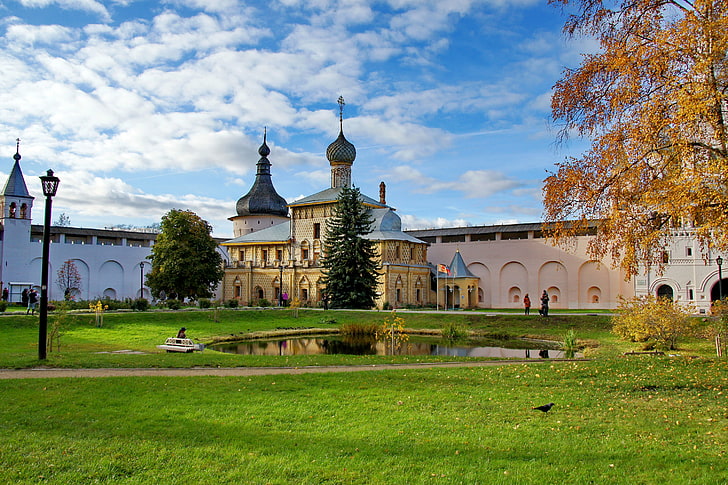 beige temple, rostov, great kremlin, russia, church, architecture, HD wallpaper