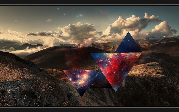 mountain range with galaxy artwork overlay wallpaper, abstract