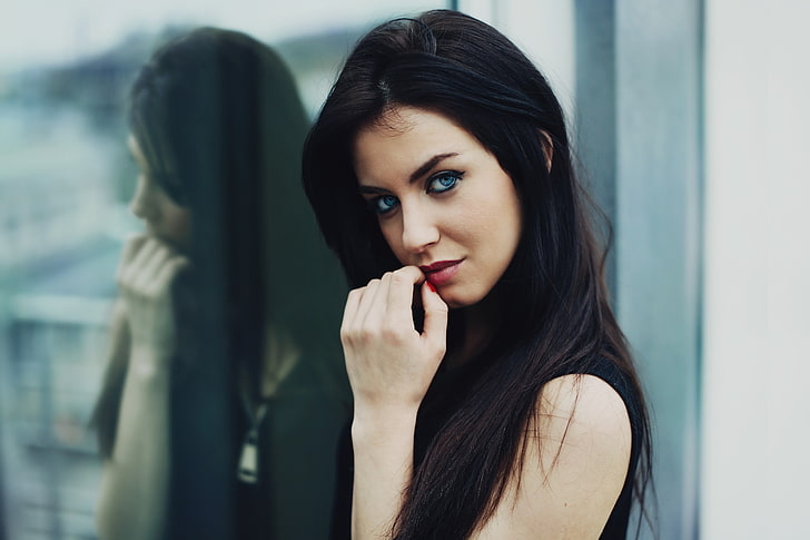 Aurela Skandaj, women, brunette, face, blue eyes, long hair, HD wallpaper