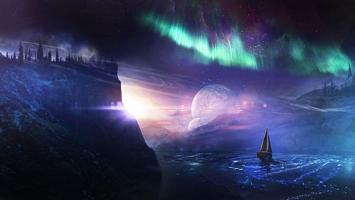 space, fantasy, virtual art, sky, lake, aurora, sailing, sailboat