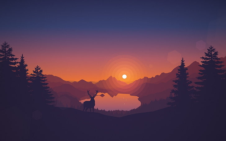 pine trees painting, deer, Firewatch, sunset, sky, silhouette